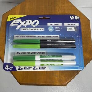 Expo‎ 4ct Fine Mixed 2 Dry / 2 Wet Erase Marker Assorted Green, NEW